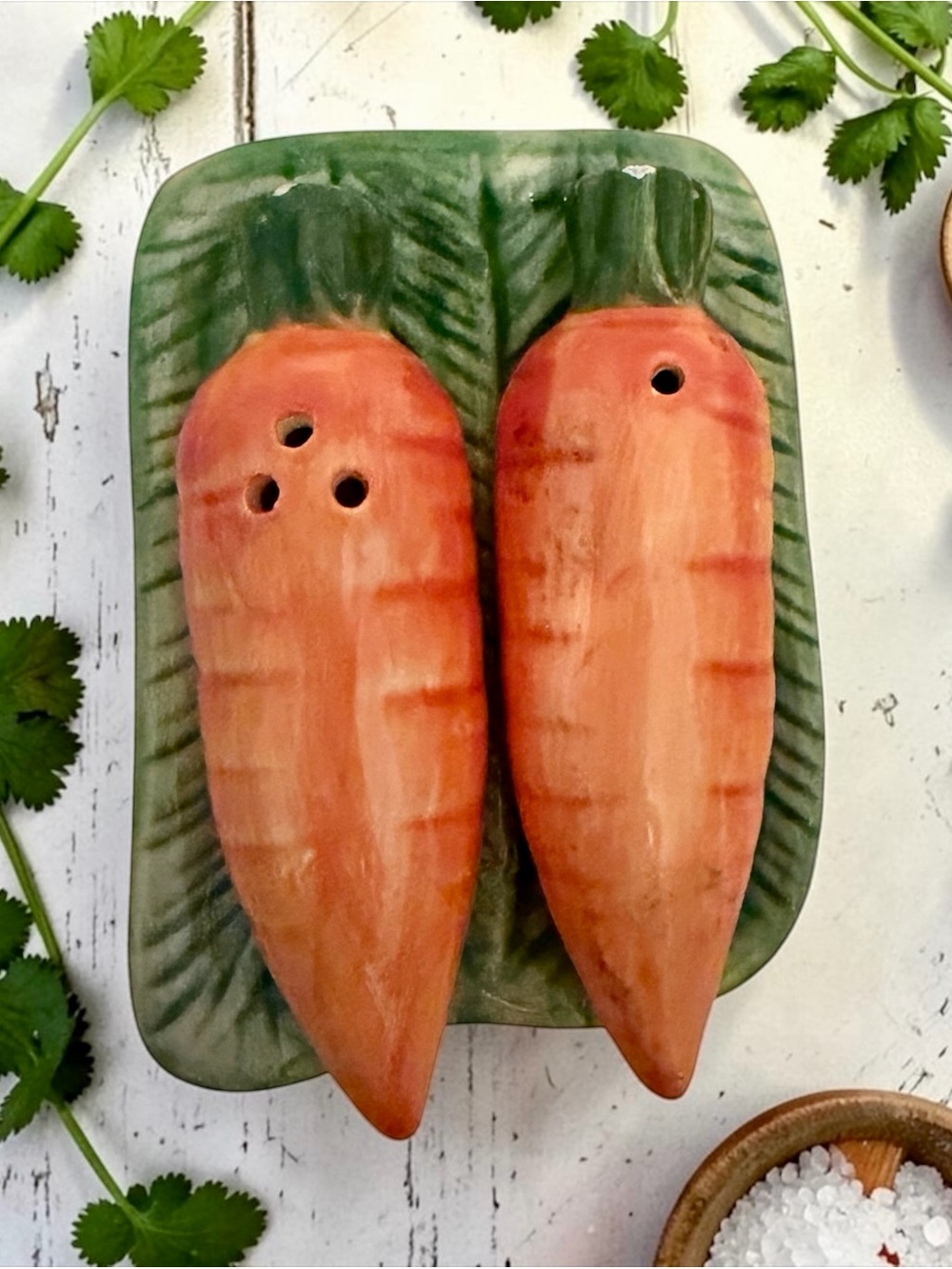 Vintage Ceramic Carrots S & P Shakers with Dish